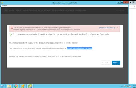 vmdk], size mismatch detected. . The installer is unable to connect to the vcenter server management interface